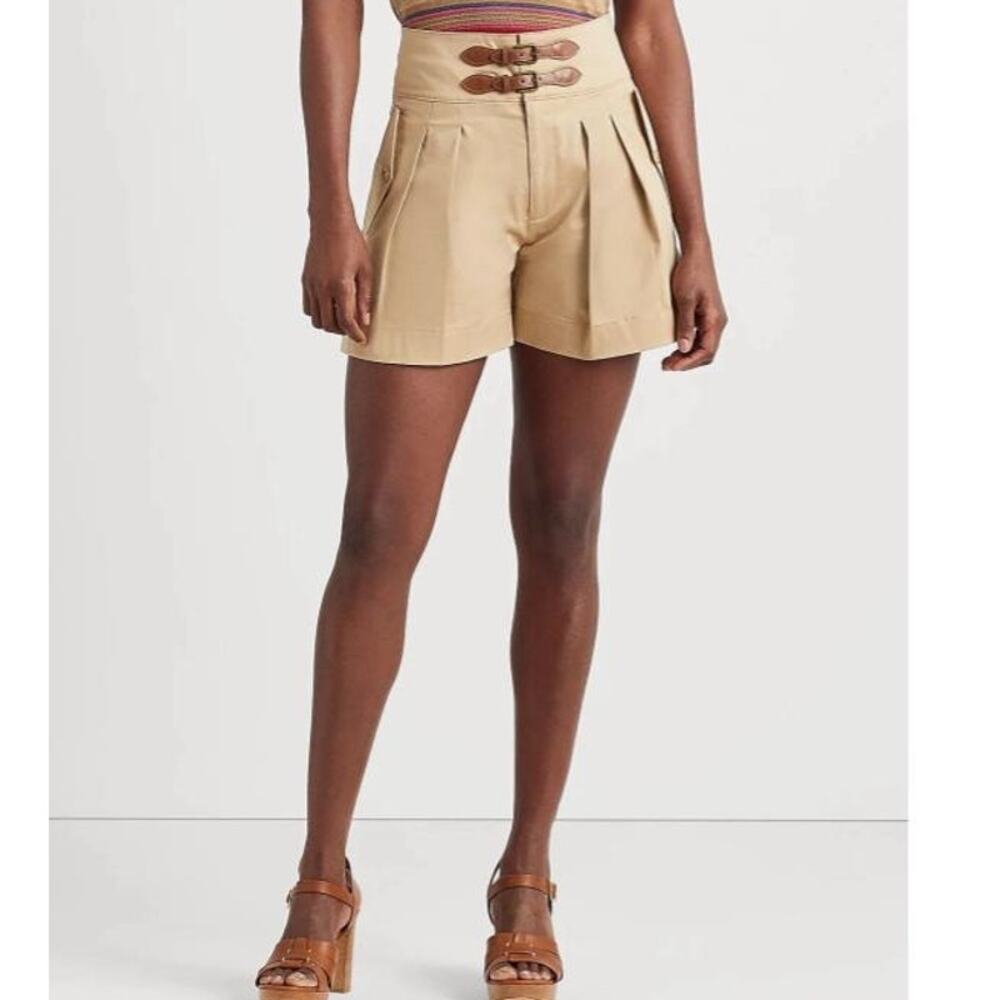NWT Ralph Lauren Tan High Waist Pleated Safari Shorts Leather Buckle Detail (14)
